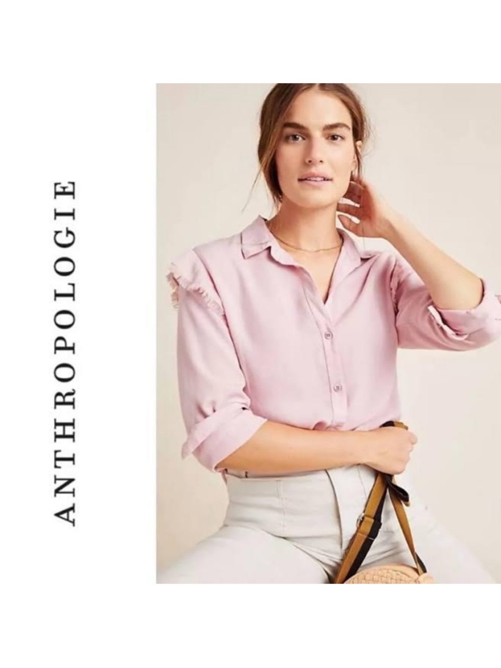 Anthropologie Soft Pink Ruffle Shoulder Button-Down Shirt